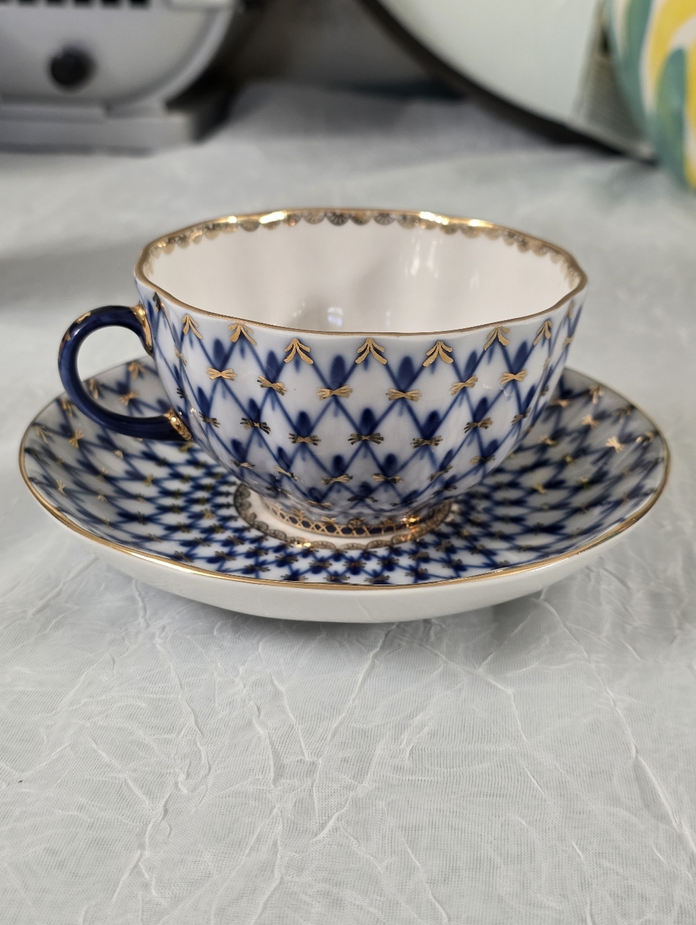 Lemonosov Imperial Porcelain Russian Cobalt Blue Porcelain Net Tea Cup Saucer